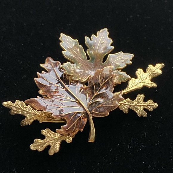 Large Multi Leaf Pin Enamel Brooch Maple Elm Vintage Jewelry 2.5” - Picture 2 of 6